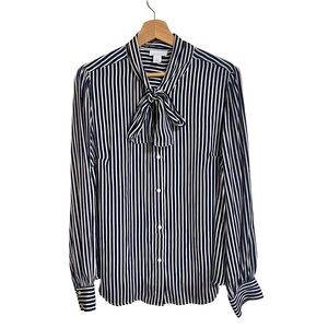 Liz Claiborne navy & white striped silky like office button up blouse neck tie L